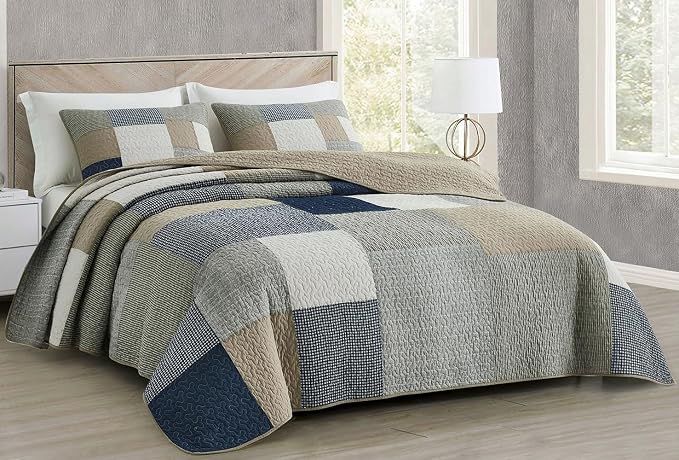 Chezmoi Collection Addy 3-Piece Navy Blue White Gray Taupe Plaid Patchwork Quilt Set - Pre-Washed Cotton Quiltd Lightweight Reversible Bedspread for All Seasons, Oversized King Size