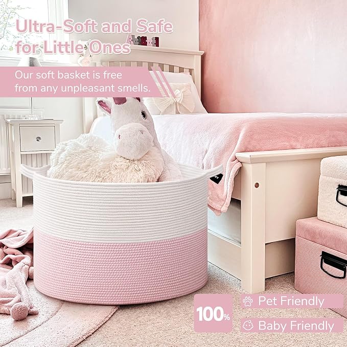 INDRESSME 115L Extra Large Pink Laundry Basket for Stuffed Animal Storage | 23.6" x 15.7" Pink room decor woven rope basket for baby luandry, kids toys pillows. For girls room & nursery, soft-touch