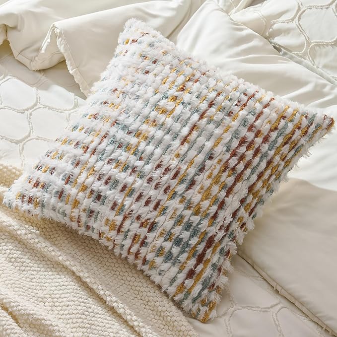 AmHoo Boho Chenille Pillow Cover Decorative Tufted Pillowcase for Couch Bed Sofa Bedroom Living Room Modern 20 x 20-Inch Brown White