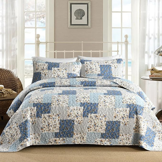 Mybedsoul Boho Quilts Queen Size, Floral Patchwork Bedding Set, Light Blue | Soft Lightweight Microfiber Coverlet Set, 3 Pieces Plaid Reversible Bedspread, Bed Sets for All Seasons 96"x90"