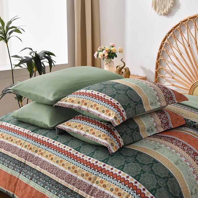 Cottolester Boho Comforter Set King Size,8 Pieces Sage Green and Orange Bohemian Striped Bed in a Bag,Paisley Soft Microfiber Bedding Comforter Set