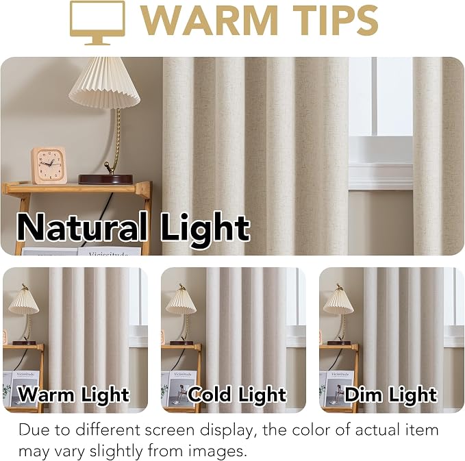 H.VERSAILTEX Linen Curtains 100% Blackout Curtains for Bedroom 120 inch Long Full Light Blocking Nature Linen Blended Window Curtains for Living Room Nickel Grommet (2 Panels, Heathered Linen)