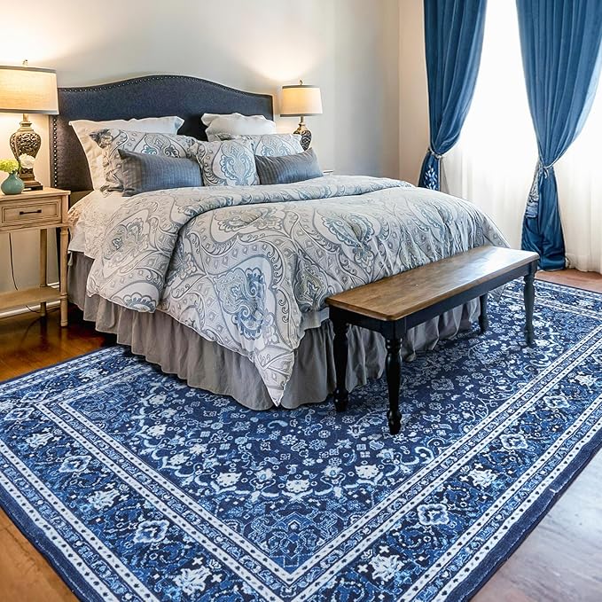 8 x 10 Area Rugs for Living Room, Washable Bedroom Large Rug Blue | Boho Low Pile Rug for Dining Room, Floral Medallion Vintage Carpets with Non-Slip Backing, Kids Pet Friendly, Fit All Vacuums