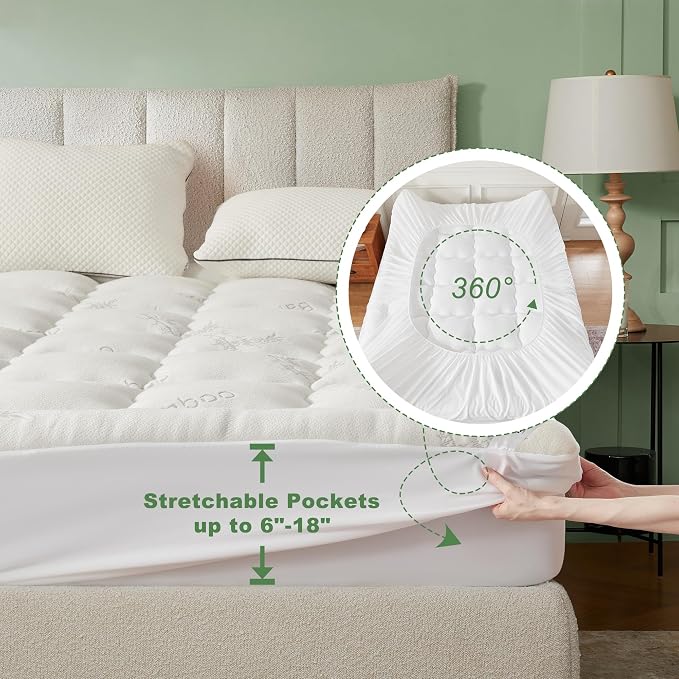 BEDLORE King Mattress Topper Viscose Bamboo, Thick Pillow Top Mattress Pad | Stretchable Pockets Fit 6"-18" Mattress, Soft Breathable Mattress Topper for Back Pain Relief and Hot Sleepers(White)