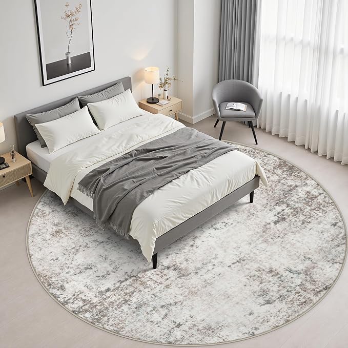 Round Area Rug Living Room: 8 ft Modern Washable Carpet Brown | For Bedroom Dining Room Farmhouse Nursery Hallway Office,Modern Abstract,Machine washable,Non-Slip,Stain Resistant,Indoor