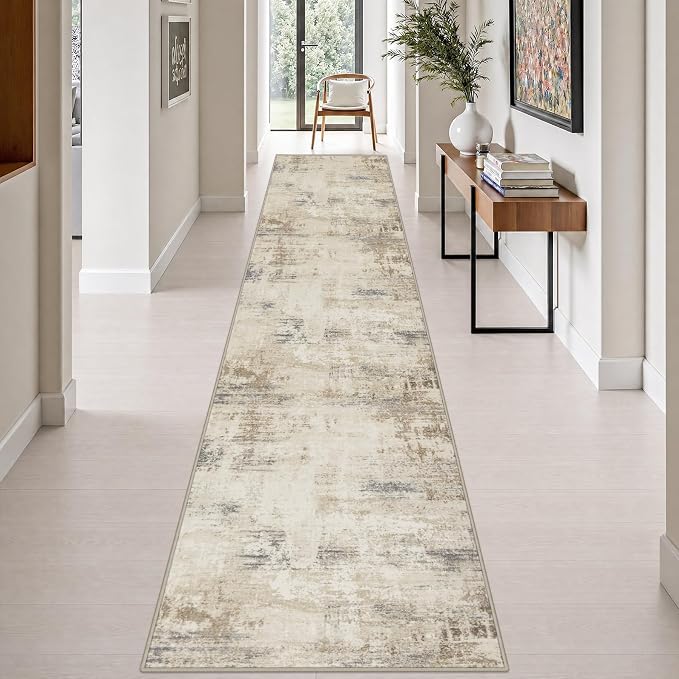 2.6x14 Washable Runner Rug:Modern Abstract Soft Carpet Beige Brown | For Hallway, Bedroom, Kitchen, Laundry, Bathroom,Door Mat,Modern Abstract,Machine washable,Non-Slip,Stain Resistant,Indoor