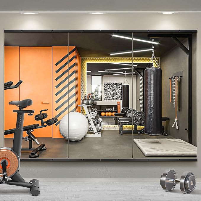 Home Gym Mirror for Wall, 48x24x3PCS Frameless Full Length Mirror, Black | HD Shatterproof Glass, Easy Wall Mount, Large Body Mirrors for Home Gym, Workout, Bedroom, Garage