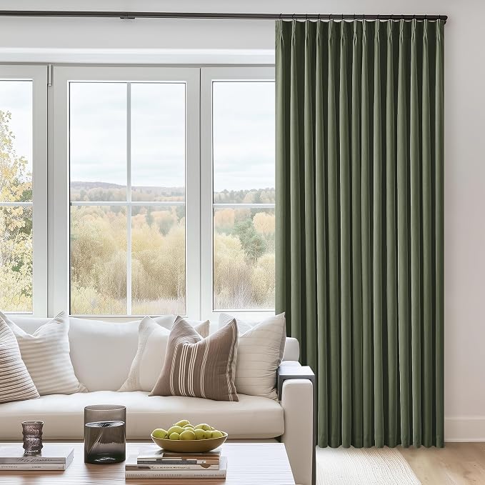 Olive Green Linen 100% Blackout 120 Inch Curtains for Living Room 2 Panels | Pinch Pleated Back Tab Drapes, Thermal Insulated Full Black Out, Farmhouse Boho, W40xL120 Curtains for High Ceiling to Floor
