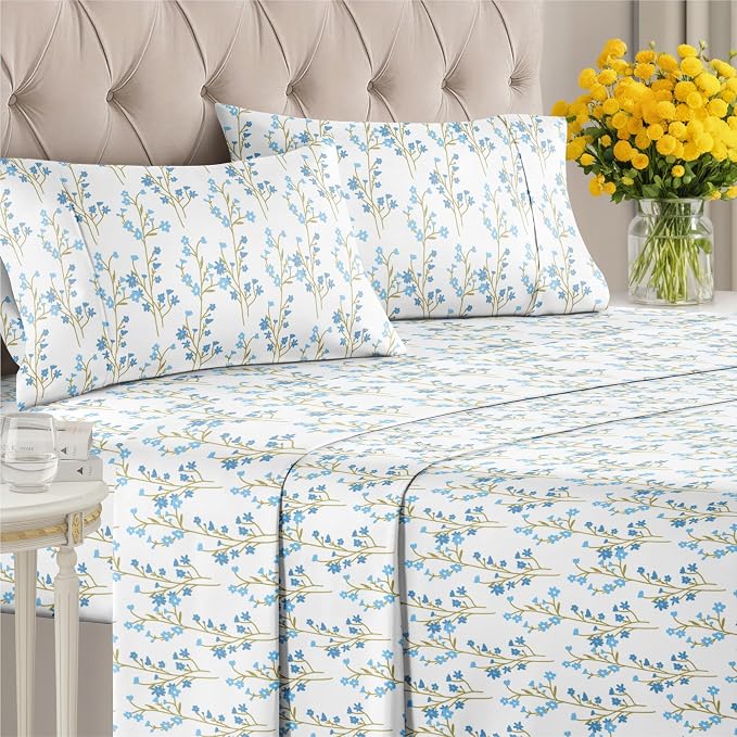 Queen 3 Piece Floral Sheet Set - Soft, Breathable & Cooling - Sea Spring | 1 Flat, 1 Fitted & 1 Pillowcase w/ Deep Pockets, Boho Botanical Floral Bedding, Breathable & Cooling, Wrinkle & Fade Free