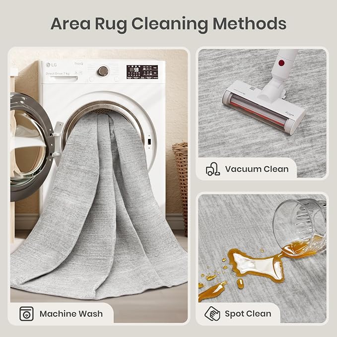 5x8 Area Rug Non Slip, Large Washable Rugs for Living Room, Grey | Soft Low Pile, Thin & Lighweight Carpet, Folable Stain Resistant Modern Indoor Floor Mat for Bedroom, Dining Room, Home Decor