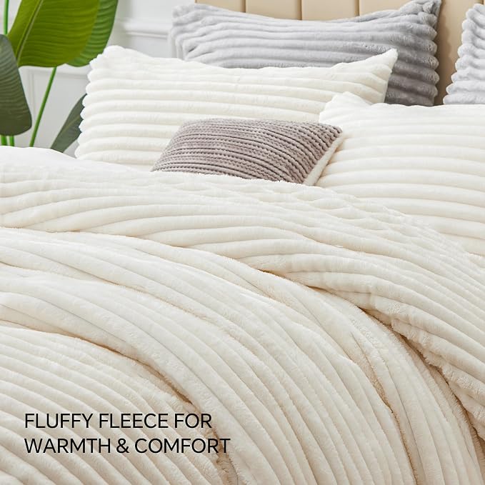BEDELITE Fleece Twin/Twin XL Comforter Set, Fluffy Bed Set, Cream White | Super Soft & Warm Bedding, Luxury Fuzzy Faux Fur Comforter for Winter, Heavy Plush Bedding, with 1 Pillowcase