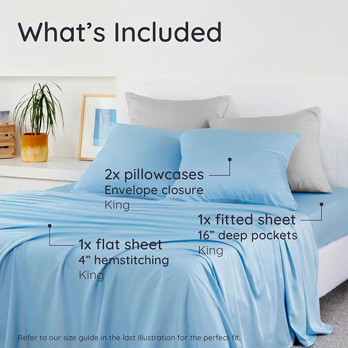 Bambaw 4pcs King Size Sheets Set – 100% Viscose Derived from Bamboo Sheets, Cooling Sheets King Size Deep Pocket Fits Up to 16'' with Elastic Corner Straps, Super Soft (Dream Blue)