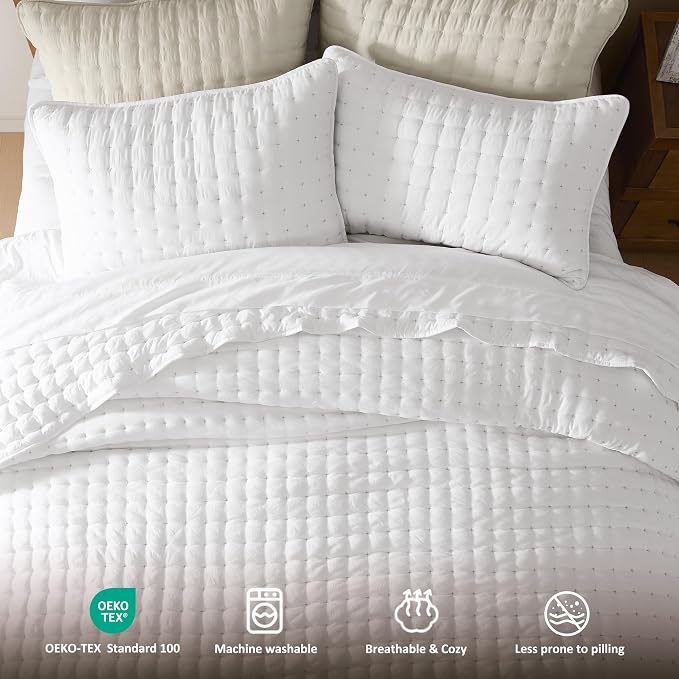 WDCOZY White Queen Size Quilt Bedding Sets with Pillow Shams, Lightweight Soft Bedspread Coverlet, Quilted Blanket Thin Comforter Bed Cover, All Season Summer Spring, 3 Pieces, 90x90 inches