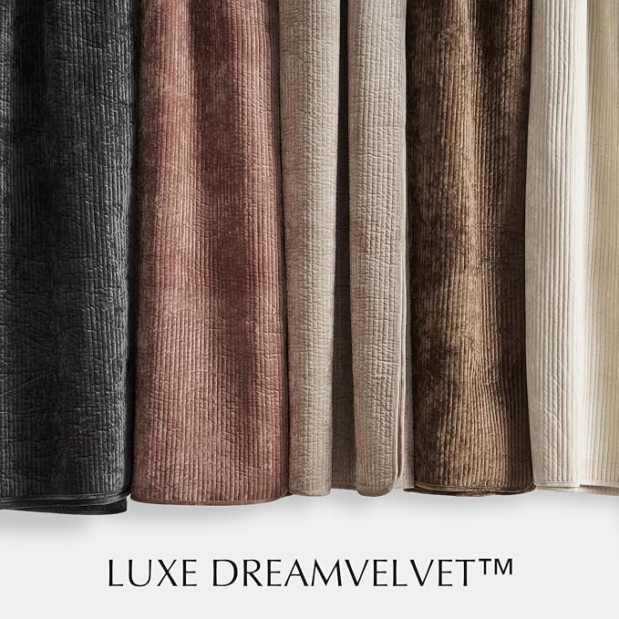 EverGrace Striped Channel Velvet Quilt Set, Queen Size, Terracotta Clay | Luxurious Soft Lightweight Velvet Comforter, Oversized Bedspread Coverlet, Quilted Bedding Set for All Season, with 2 Shams