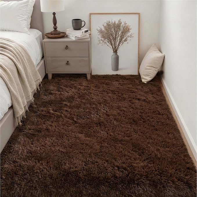 Area Rug Living Room Bedroom: 4x6 Fluffy Plush Shag Carpet Brown | For Kids Room Playroom Nursery Home Decor,Ultra Soft,Non-Slip Non-Shedding,Fuzzy Plush,Large Indoor Floor Carpet,Easy Clean