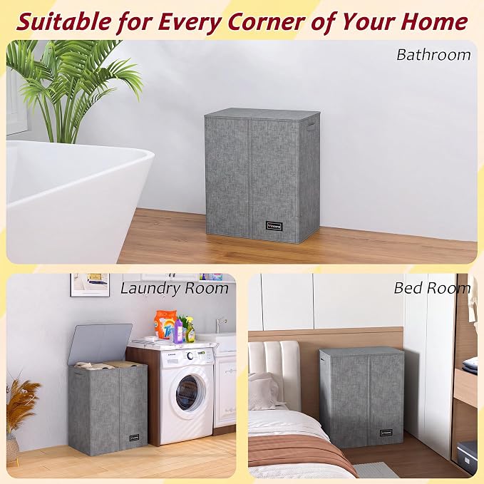 135L Laundry Hamper 2 Section, Large Laundry Hamper with Lid, Dirty Clothes Hamper with 2 Removable Inner Bags, Collapsible Laundry Basket Organizer for for Clothes Toys Towels, Hamper 2 Compartment