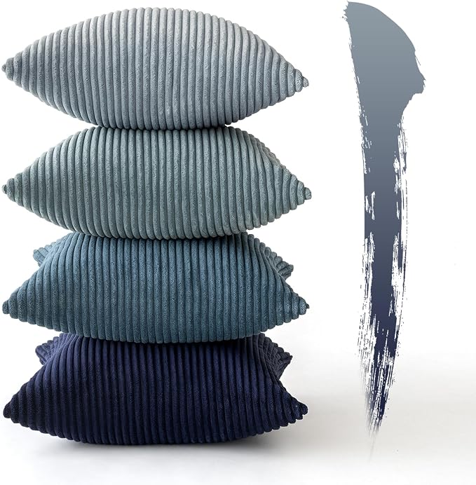 MIULEE Soft Corduroy Decorative Throw Pillow Covers Blue Navy Series 18x18 | Set of 4, Modern Nordic Coastal Decor, Classic Blue Palette, Boho Farmhouse Cushion Covers for Couch Bed Sofa Living Room