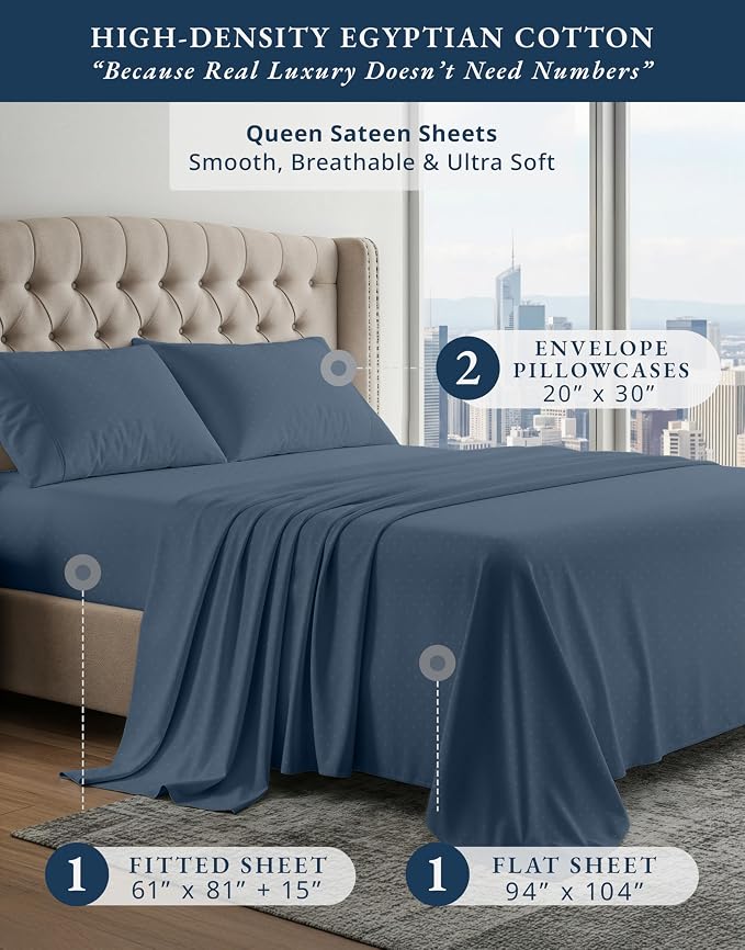 LANE LINEN Cooling Queen Sheet Set Egyptian Cotton Sateen - Estate Blue | Queen Mattress Sheets - 4-Piece Set, For A Luxurious Night's Sleep, For A Silky Hotel-Style Bed, OEKO-TEX Certified