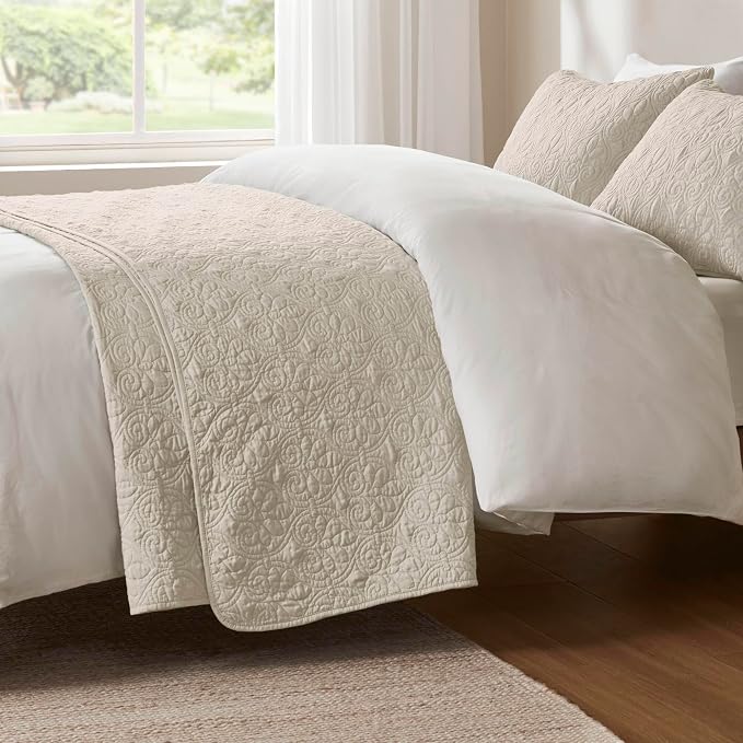 Madison Park Luxurious Cotton Damask Quilt Set, 3PC Full/Queen Bed Set | All Season, Lightweight Stitching Coverlet Bedspread Bedding Stitching with Shams, Cream