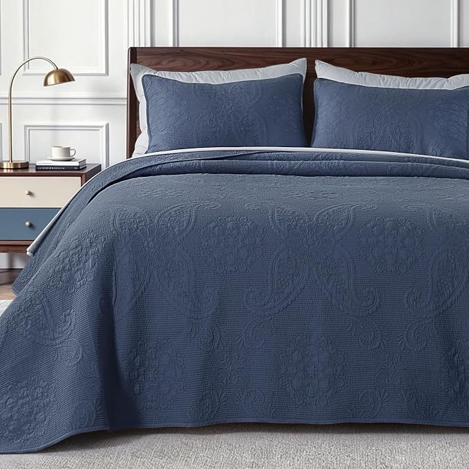 GOONE 100% Cotton Quilt King Size Bedding Quilt Sets 108x98 in, Dusty Blue | Lightweight Breathable Bedspread & 2 Pillow Shams, 3-Piece Floral Medallion Stitch Country Quilted Coverlet for All Season