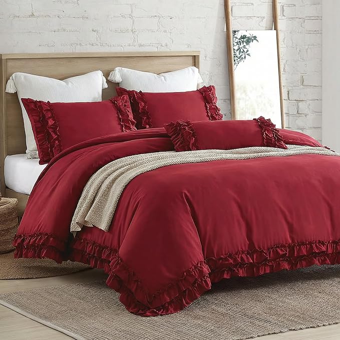 Burgundy Duvet Cover King Size Ruffled Bedding Set Vintage Lace Ruffle Elegant Bedroom Decor Shabby Chic Farmhouse Style Boho Chic Duvet Cover Set for All Season