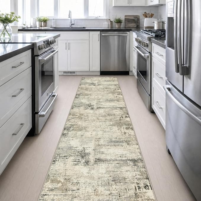 2.6x14 Washable Runner Rug:Modern Abstract Soft Carpet Ash Brown | For Hallway, Bedroom, Kitchen, Laundry, Bathroom,Door Mat,Modern Abstract,Machine washable,Non-Slip,Stain Resistant,Indoor
