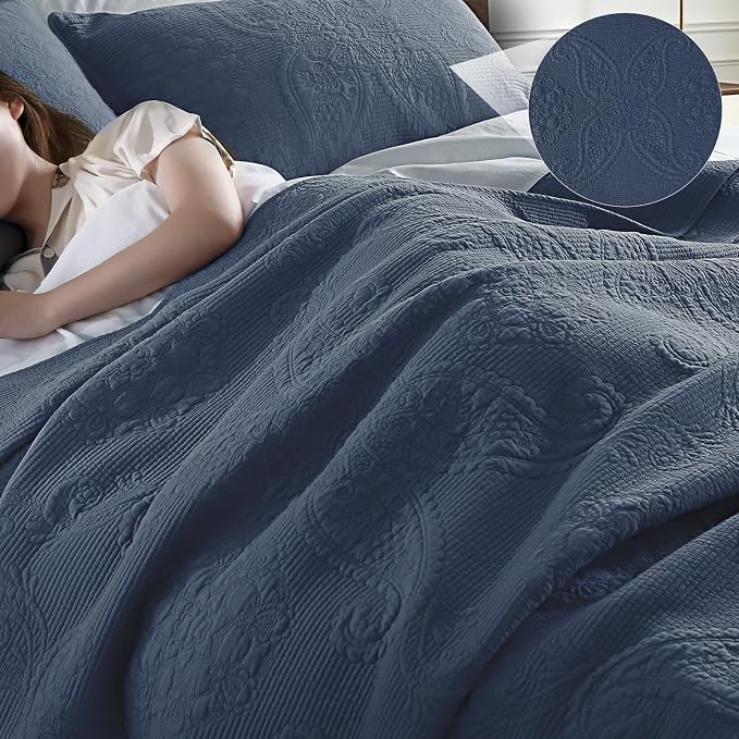 GOONE 100% Cotton Quilt King Size Bedding Quilt Sets 108x98 in, Dusty Blue | Lightweight Breathable Bedspread & 2 Pillow Shams, 3-Piece Floral Medallion Stitch Country Quilted Coverlet for All Season