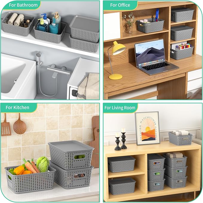 8 Pack Plastic Storage Baskets,Grey Stackable Bins with Lid | 5.3qt Storage Containers with Labels for Organizing Shelves Drawers Desktop Closet Playroom Classroom Office