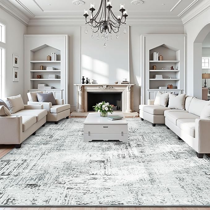 Rugflix 9x12 Area Rugs for Living Room, Washable Blue Grey Large Rug | Machine Washable; Stain-Resistant; Low Pile; Non-Slip; Modern Abstract; Carpet for Bedroom Dining Office Nursery Home