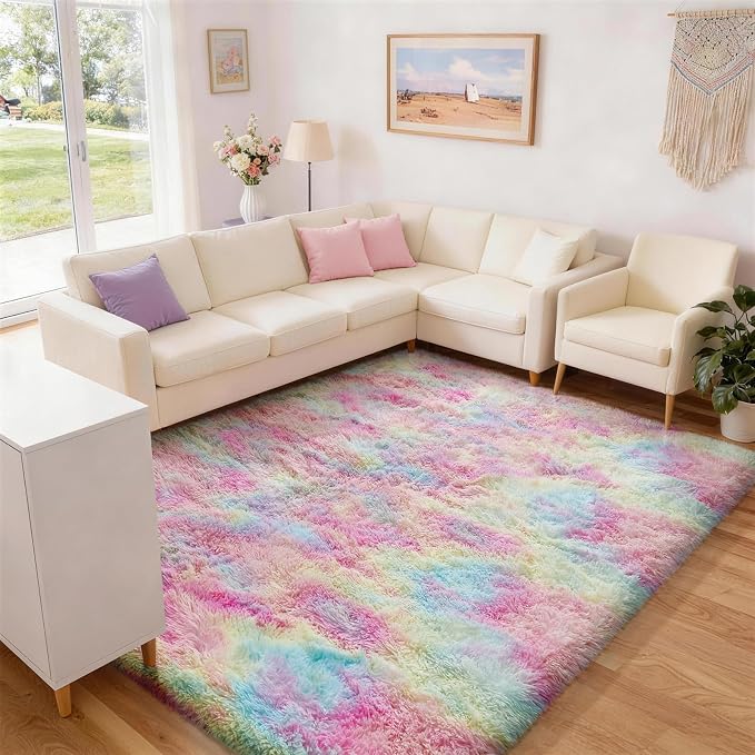 Ophanie 6x9 Rainbow Rug for Bedroom Girls, Unicorn Colorful Fluffy Soft Cute Fuzzy Area Rugs, Shag Plush Shaggy Bedside Floor Furry Carpet for Kids Baby Teen Dorm Nursery Home Decor Aesthetic