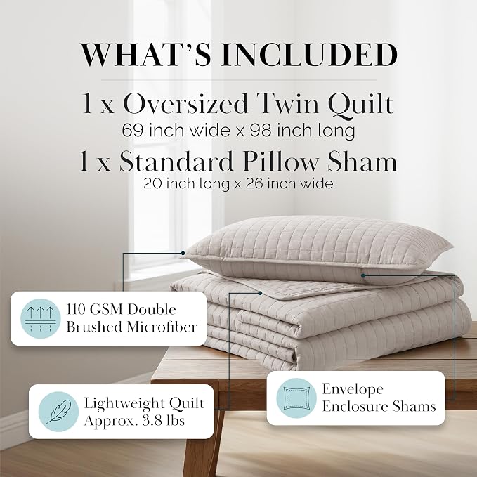 Southshore Fine Living, Inc. Twin Quilt Bedding Set, Microfiber Quilt, XL Twin Bedspread Coverlet, Pet Hair Resistant Bedding Set, Natural Beige Bedspread with Matching Pillow Sham, Natural Beige