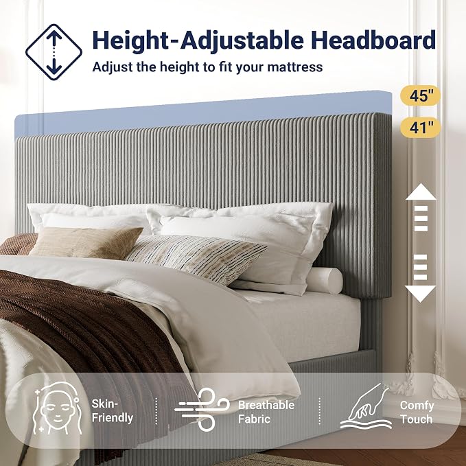 Allewie King Bed Frame, Adjustable Corduroy Headboard, Platform, Grey | Adjustable Headboard, Corduroy Fabric, Low Profile, Wooden Slats, 1000 lb Capacity, No Box Spring Needed