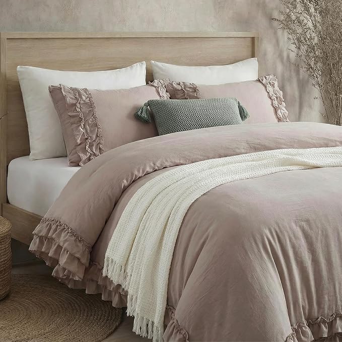 Bedorm Taupe Duvet Cover Set King Ruffle Bedding Set Pleat Ruffled Shabby Chic Comforter Cover Extra Soft & Easy Care Boho Duvet Cover with Zipper Closure