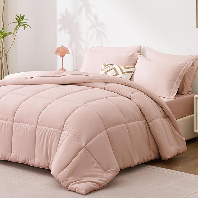 Love's cabin Full Comforter Set Blush Pink, 7 Pieces Full Bed in a Bag, All Season Bedding Sets with 1 Comforter, 1 Flat Sheet, 1 Fitted Sheet, 2 Pillowcase and 2 Pillow Sham