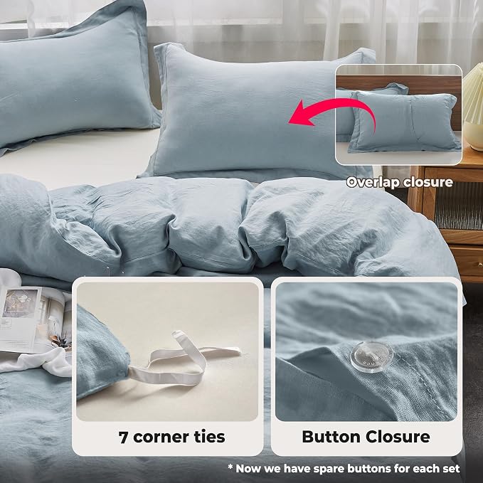 Simple&Opulence 100% French Linen Duvet Cover Set with Embroidered,3 Pcs Washed Soft Farmhouse Bedding Set with Button Closure,1 Comforter Cover and 2 Pillowshams(King,Dusty Blue)
