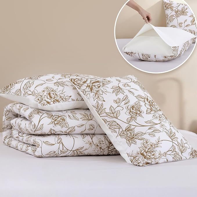 JANZAA Queen Size Comforter Set - Yellow Khaki Floral Shabby Chic Bedding | 3 Piece Cute Floral Bedding for All Season, 1 Soft Fluffy Breathable Microfiber Comforter Set with 2 Pillowcases