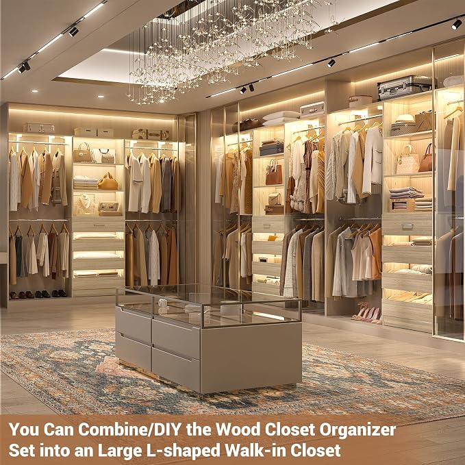 Aheaplus Closet System with 4 Drawers, 8FT Wood Closet Organizer System | 96" Closets Built In System Tower with Shelves & 4 Rods, Walk-in Closets Wardrobe Clothes Rack, Fits Spaces 4-9 ft, White Oak