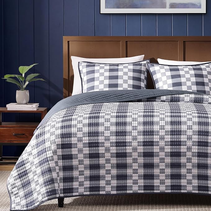 Queen Quilt-Lightweight Bedspread Plaid Quilt Queen Size Quilt Bedding Set | Navy Reversible Neutral Coverlet with 2 Shams for All Seasons, Suitable for Bed, Couch, 3 Pieces, 90"x94"