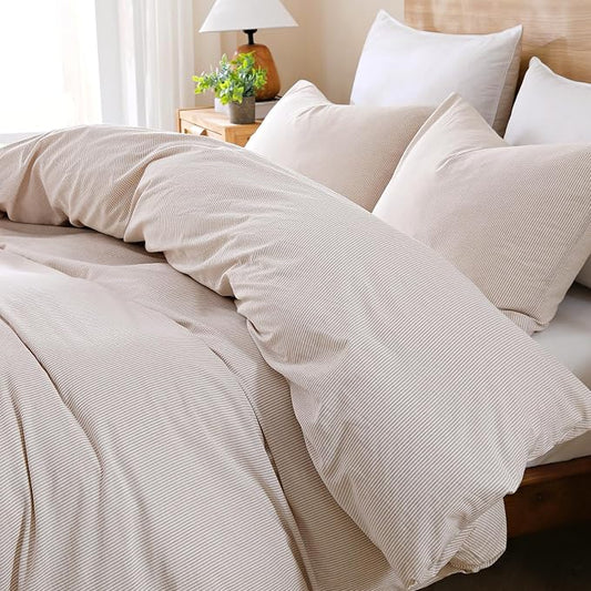 TOCOMOA Brown Striped Duvet Cover Set 100% Washed Cotton Like Linen, Queen | Linen-Like Feel Soft, Breathable & Comfy for All Season. Pinstriped Bedding Set with Zipper & 8 Ties. 3 Pcs, No Insert