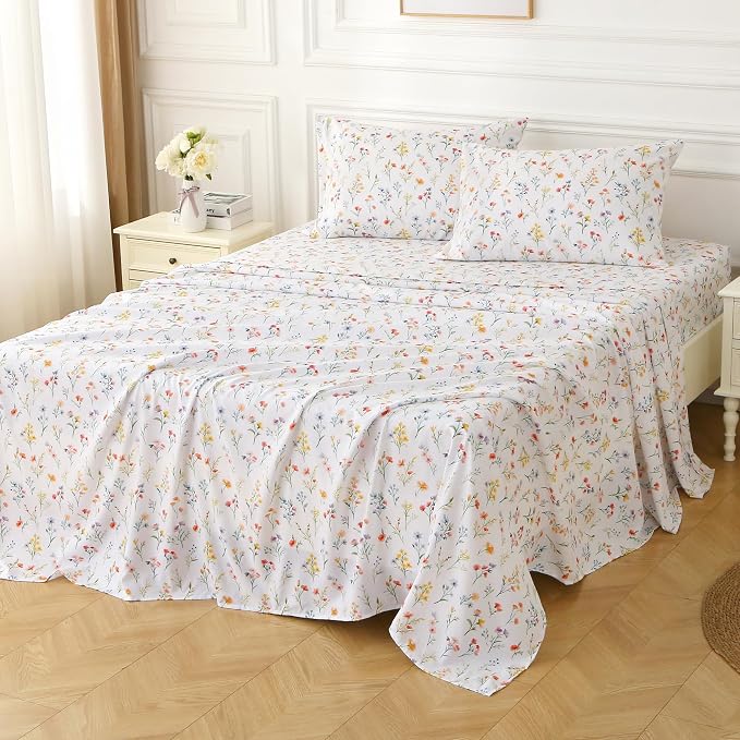 Viviland Floral King Sheet Set - 4 Piece Vintage Botanical Flower and Leaves Patterned Bed Sheets - Soft, Breathable Microfiber Sheets with Deep Pocket, Non-Slip Fitted Sheets & Pillowcases