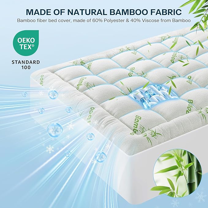 Waterproof Cal King Size Mattress Topper Viscose Derived from Bamboo, Extra Thick Mattress Pad for Back Pain, Cooling Mattress Topper with Deep Pocket 8"-21", Green,Cal King