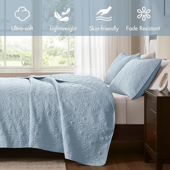 Madison Park Luxurious Cotton Damask Quilt Set, 2PC Twin/Twin XL Bed Set | All Season, Lightweight Stitching Coverlet Bedspread Bedding Stitching with Shams, Blue