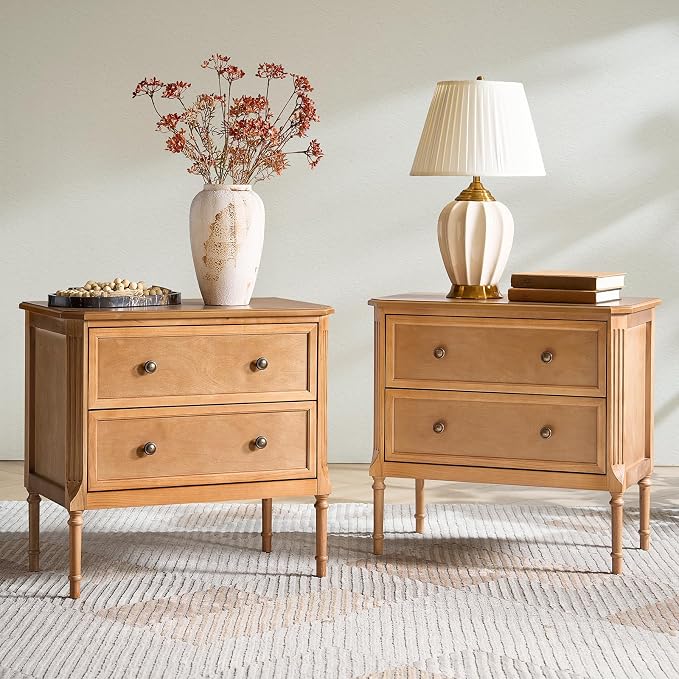 HULALA HOME Solid Wood End Table with Charging Station, Mid-Century Modern End Table with 2 Drawer, Adjustable Solid Wood Feet, Easy Assembly Set of 2, Teak