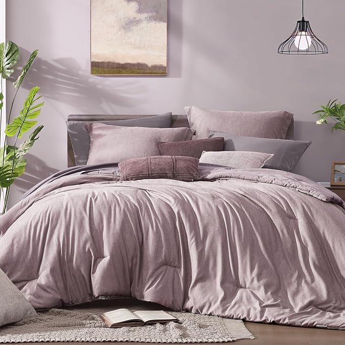 Monbix Full Size Comforter Set 7 Pieces Lilac Cationic Dyeing Bed in a Bag | Lightweight Reversible All Season Bedding Sets with Comforter, Sheets, Pillowcases & Shams