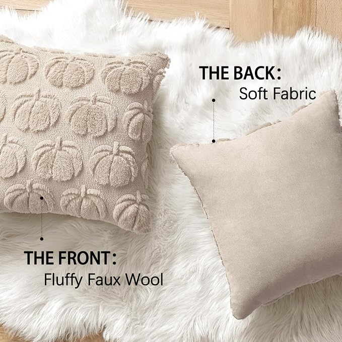 MIULEE Fall Pillow Covers Pumpkin Fall Decor 22x22 Beige | Set of 2 Fall Decorations for Home, Plush Faux Fur Farmhouse Accent Pillowcases, Porch Sofa Couch Cushion Bed Livingroom