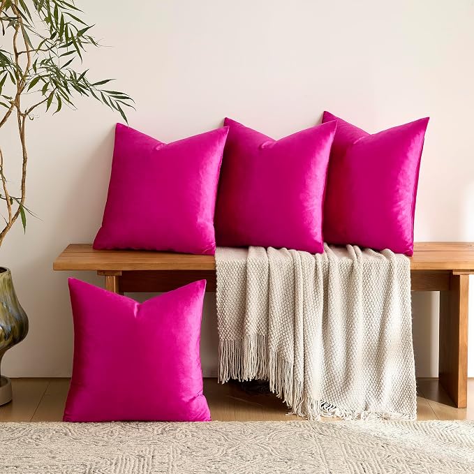 GIGIZAZA Pack of 4 Decorative Velvet Pillow Covers 20x20 Hot Pink | Throw Pillows for Couch Sofa,280gsm Soft Textured Fabric,Modern Accent Pillowcases,Luxury Living Room Cushion Covers