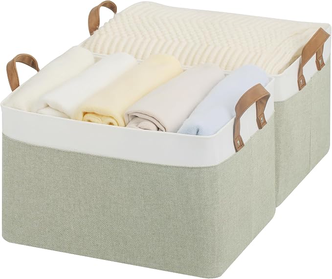 StorageWorks Fabric Storage Bins for Shelf, Green and White, Large, 2-Pack | With Reinforced Soft PU Handles, Sturdy Metal Frame, Collapsible, Storage Basket for Closet, Holds Clothes, Towels, Blankets