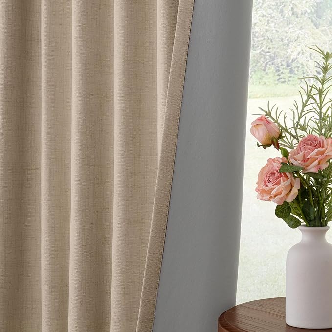 INOVADAY 100% Blackout Curtains for Bedroom Black Out Curtains 96 Inch Long | Taupe Curtains for Living Room 2 Panels, Clip Rings Linen Look Blackout Drapes, Thermal Insulated Room Darkening,W50xL96