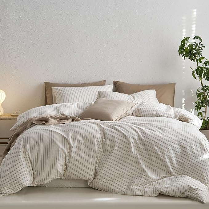 MooMee Striped Duvet Cover Set 100% Washed Cotton Linen Like | Relaxed Linen-like Texture. Soft, Breathable & Long-lasting Comfort. Lightweight. Hidden Zipper with 8 Interior Corner Ties