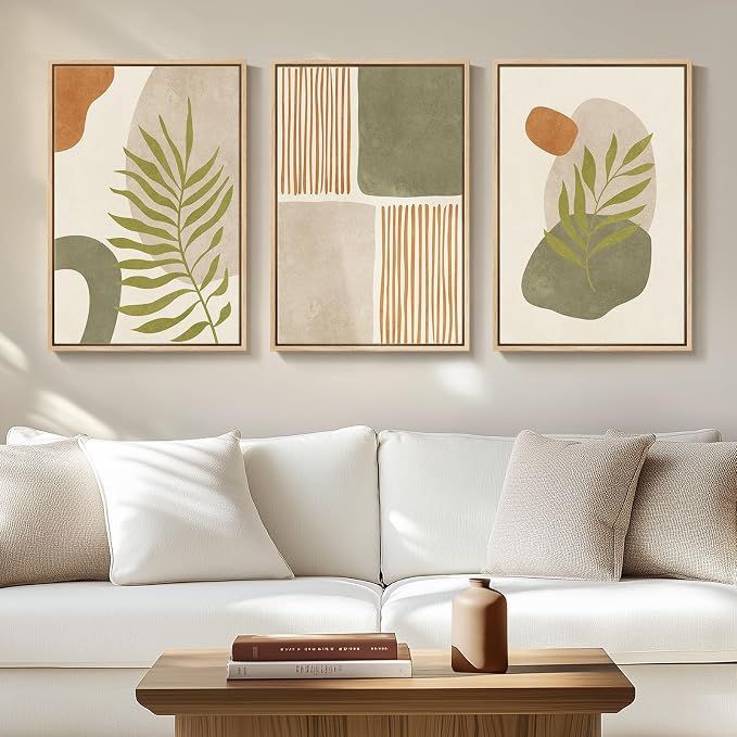Framed Green Mid Century Modern Boho Abstract Wall Art Bedroom, 16x24 Inch | Bohemian, Canvas prints, Large, Botanical painting, Sage green, Orange, Tropical leaf, Ready to hang, Wall decor living room